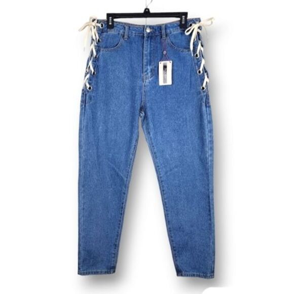 new Denim Blvd Los Angeles Mom Jeans Rivets Ivory Lace-up Side Accents Blue - Picture 1 of 13